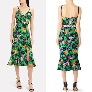 SALONI Jennie Emerald Cup Silk Floral Embroidered V Neck Faux Wrap Midi sz 2